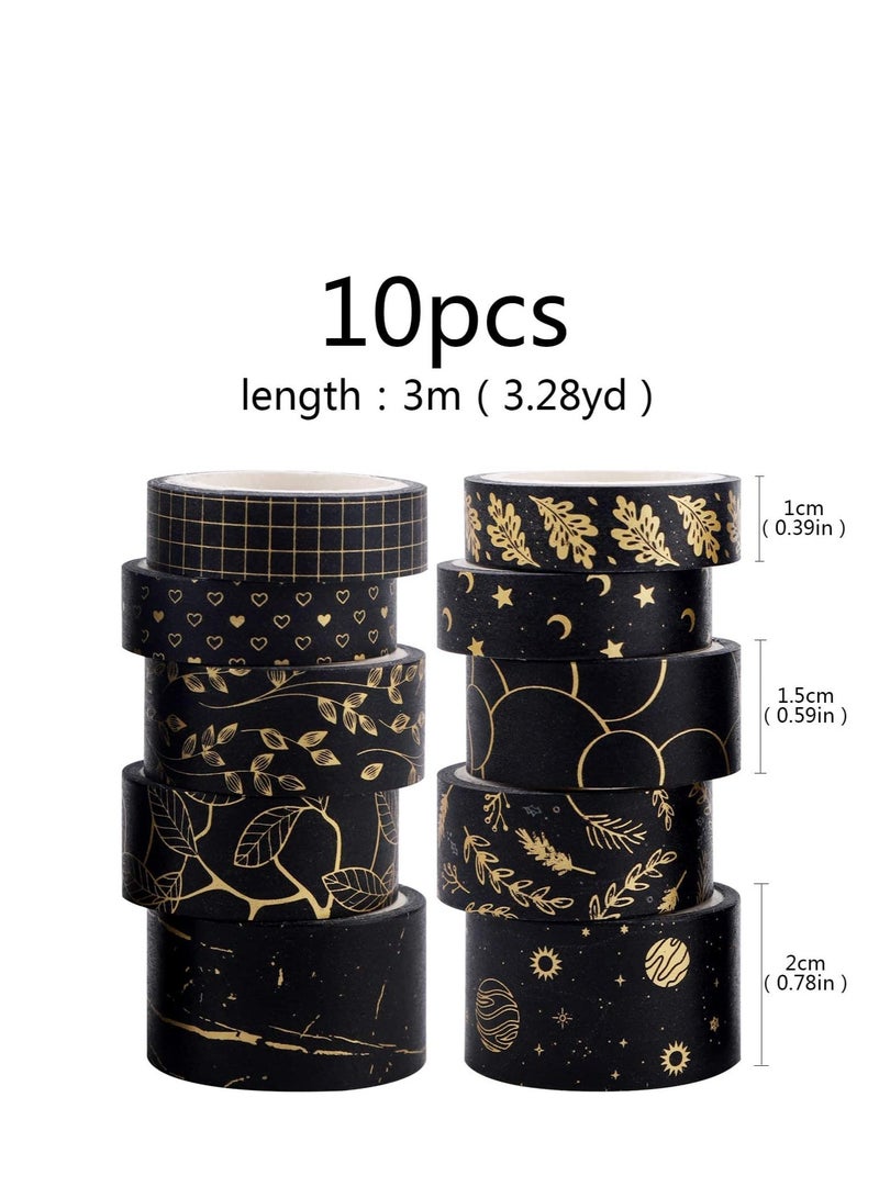 Black Gold Washi Tape, DIY Gift Wrap Scrapbooking and Craft, Sticky Adhesive Paper Masking Tape Decorative Sticker with Lovely Printed Patterns and Long-Lasting Colors (10Rolls) - Image 4